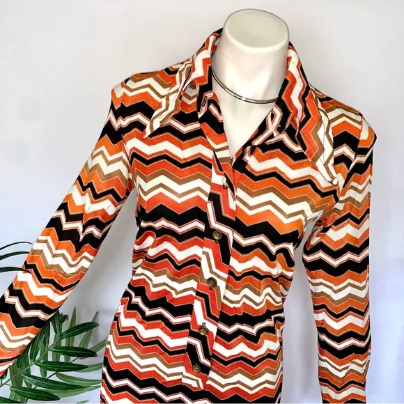 v i n t a g e :: Authentic Mod Zig Zag Chevron Dagger Buttoned Dress - Picture 2 of 14